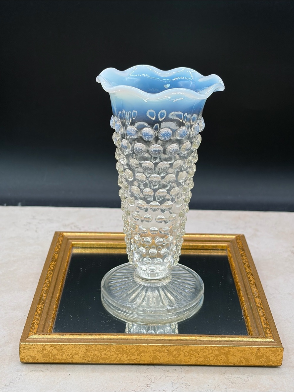 Vintage 1940s Anchor Hocking Moonstone Opalescent Hobnail Crimped Tulip Vase